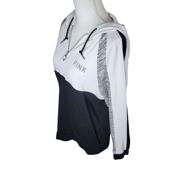 PINK Pullover Quarter Zipper Hoodie Pockets Block Color Black White Womens Small - Picture 3 of 14